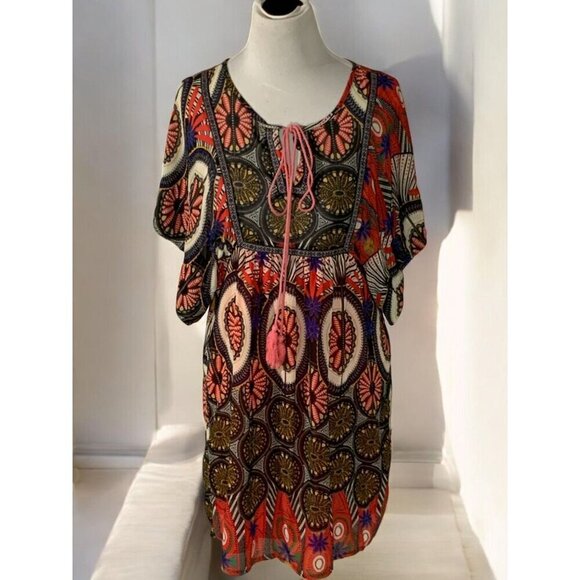 Ya Los Angeles Womens Multicolor Boho Geometric Kaftan Keyhole Mini Dress Medium - Picture 2 of 12